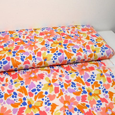 Martina printed cotton with peach and camel fancy flowers by the meter