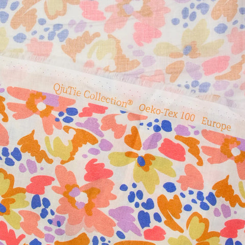 Martina printed cotton with peach and camel fancy flowers by the meter